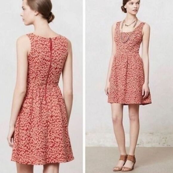 Anthropologie MAEVE Sleeveless Red/Cream Leopard Print Skater Dress. Size Small - Picture 1 of 9